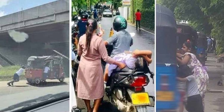 මෙන්න ආණ්ඩුවේ අලුත් සංස්කෘතිය! පුංචි දරුවො තෙල් පෝලිමේ නිදි! පාරෙ වාහන තල්ලු කරනවා! ත්‍රීවීල් ඇතුළෙ ඉස්කෝලෙ වැඩ කරනවා! මීට කලින් කවදා හරි මේවා දැකලා තිබුණාද? (PHOTOS)