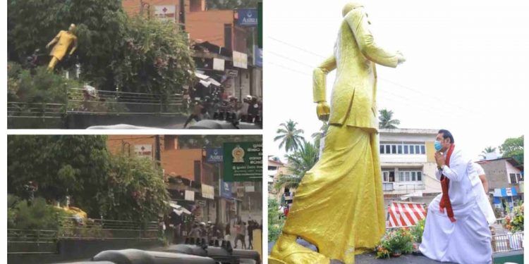තංගල්ලේ ඩී.ඒ. රාජපක්ෂ පිළිරුව කඹ දාලා ඇදලා බිමටම පෙරළයි! (VIDEO)
