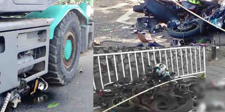 බ්‍රේක් වැඩ නොකළ දොඹකරයක් බොරැල්ල කනත්ත හන්දියේදී බයිසිකල් පෝලිම යටකරගෙන ගිහින් වාහනයක් චප්ප කරයි! එක බයික් එකක් දොඹකරය අස්සේ හිරවෙලා! එක් අයකු මරුට! 5කට තුවාලයි! බීමත්ව සිටි බවට චෝදනාවක්! VIDEO I Sri Lanka Latest News